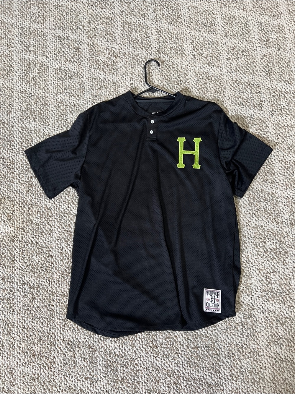 HUF Black Short-Sleeve Henley with Lime Green H Applique